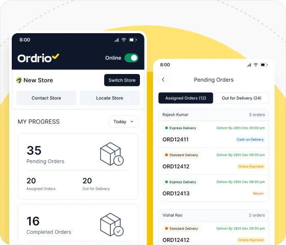 Delivery app home with pending, assigned and out for delivery orders