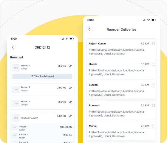 Delivery app item list and reorder deliveries screen with customer addresses