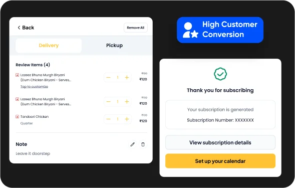 Restobite cart with a choice of delivery or pickup, and a subscription confirmation