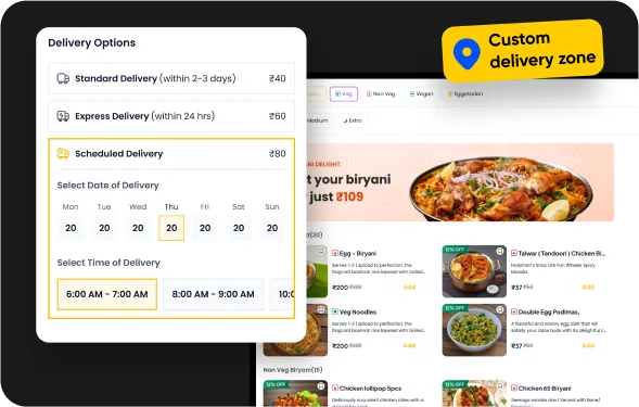 Delivery options with standard, express and scheduled delivery beside a restaurant menu