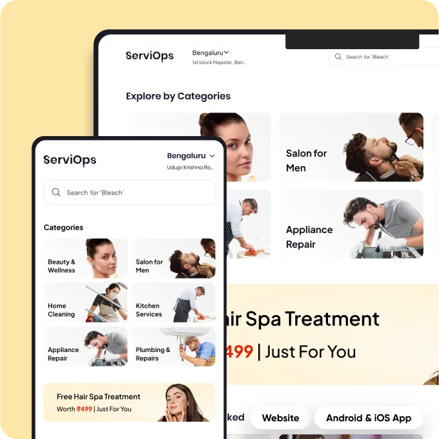ServiOps booking site on a laptop and phone, with beauty, salon, cleaning and appliance repair categories