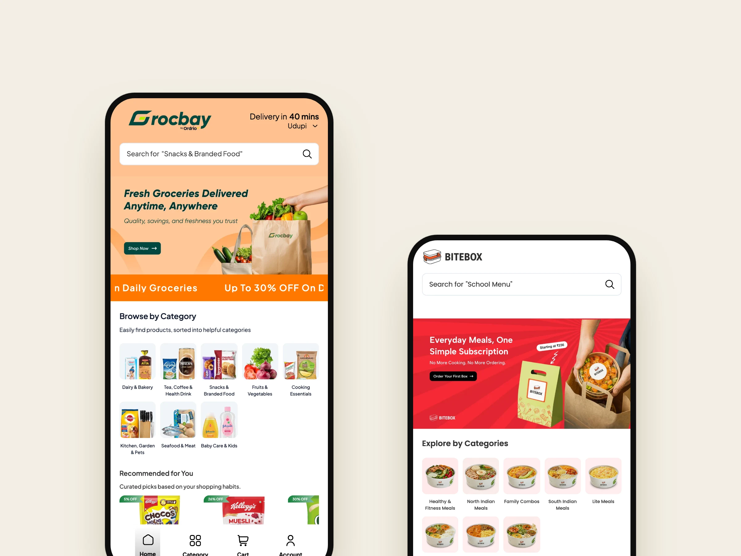 Grocbay and Bitebox customer apps on two phones
