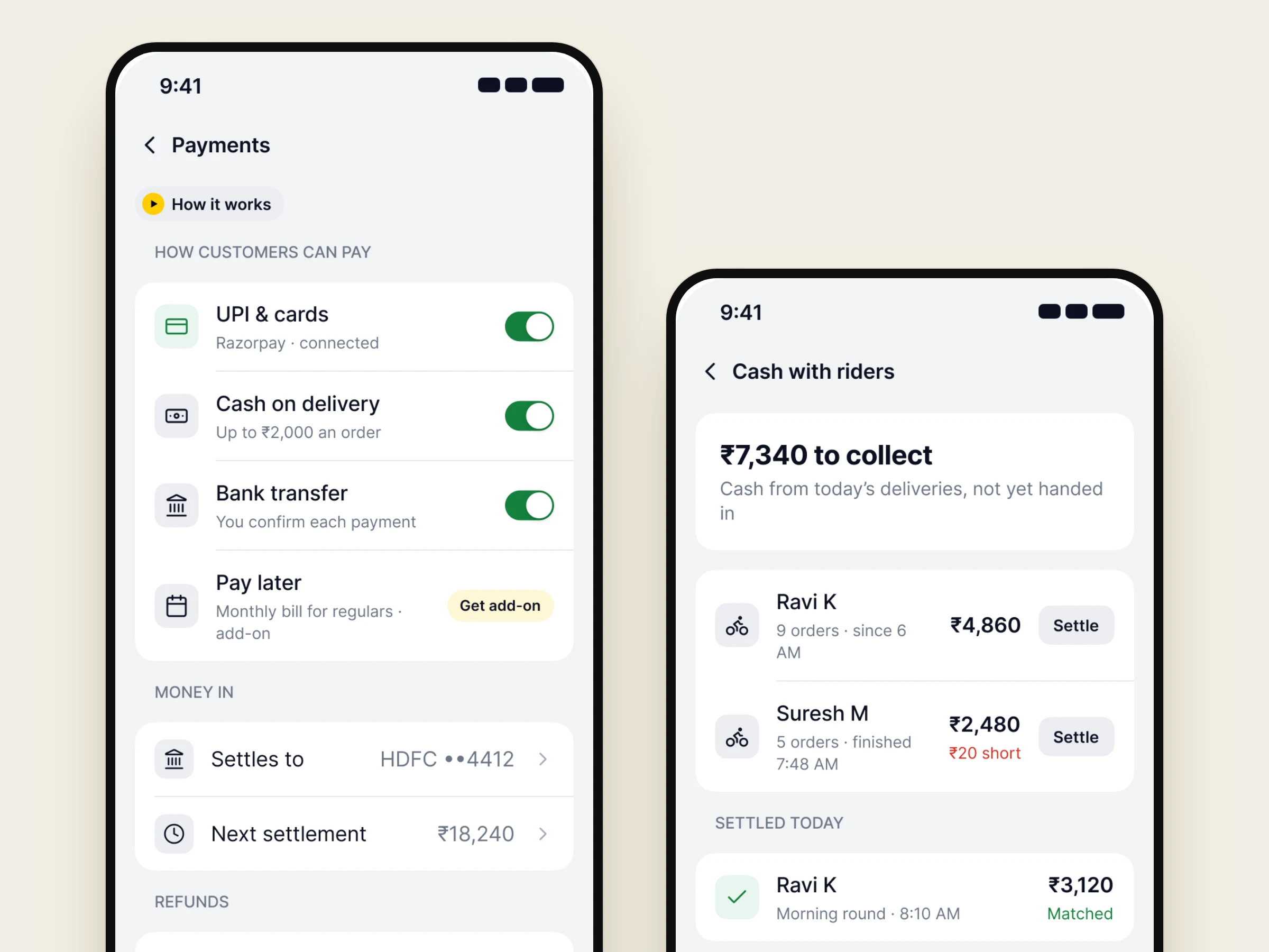 Cash collection and the Nadi app home screen