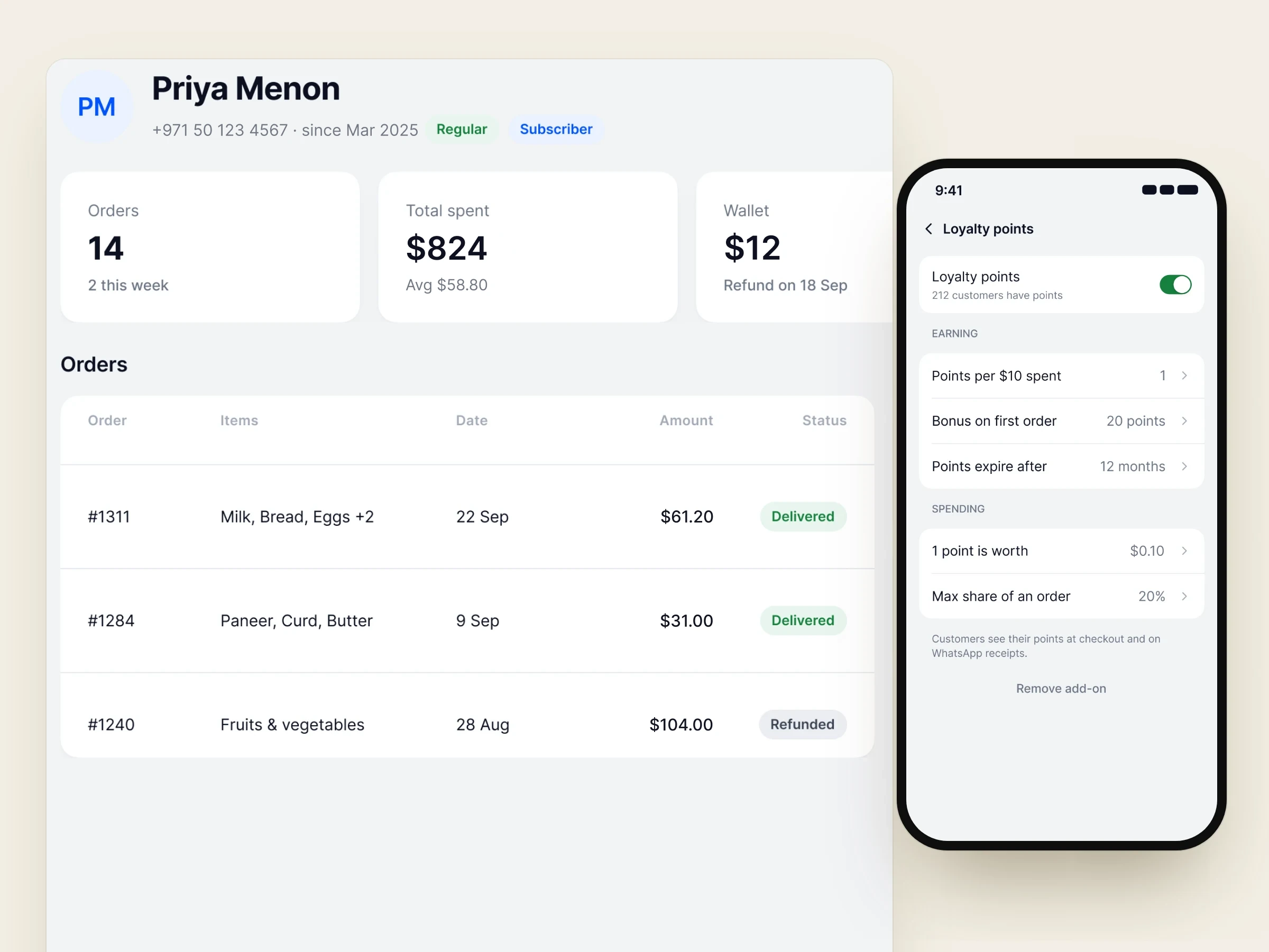 Customer profile in Nadi, with the customer wallet in the app