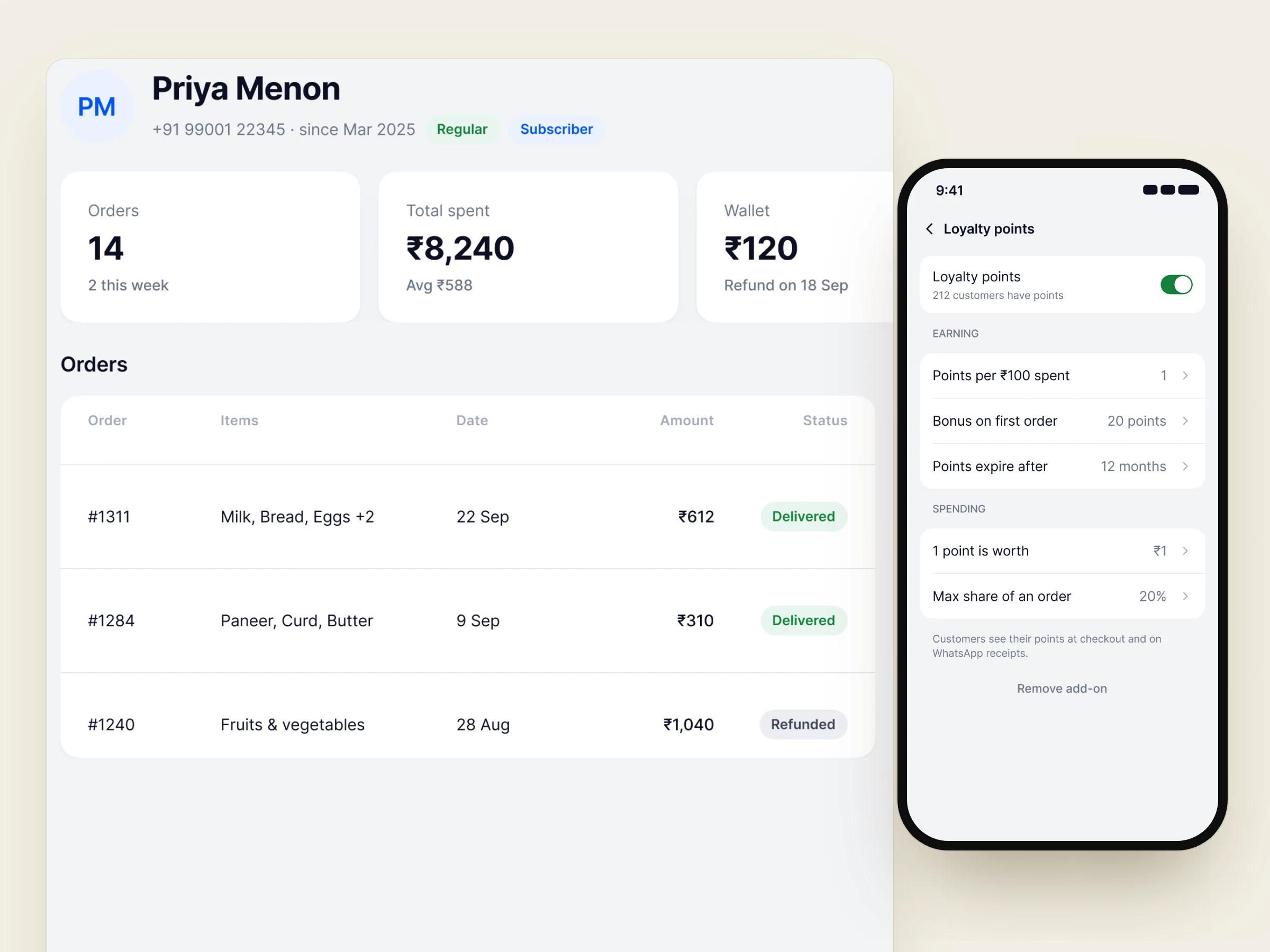 Customer profile in Nadi, with the customer wallet in the app