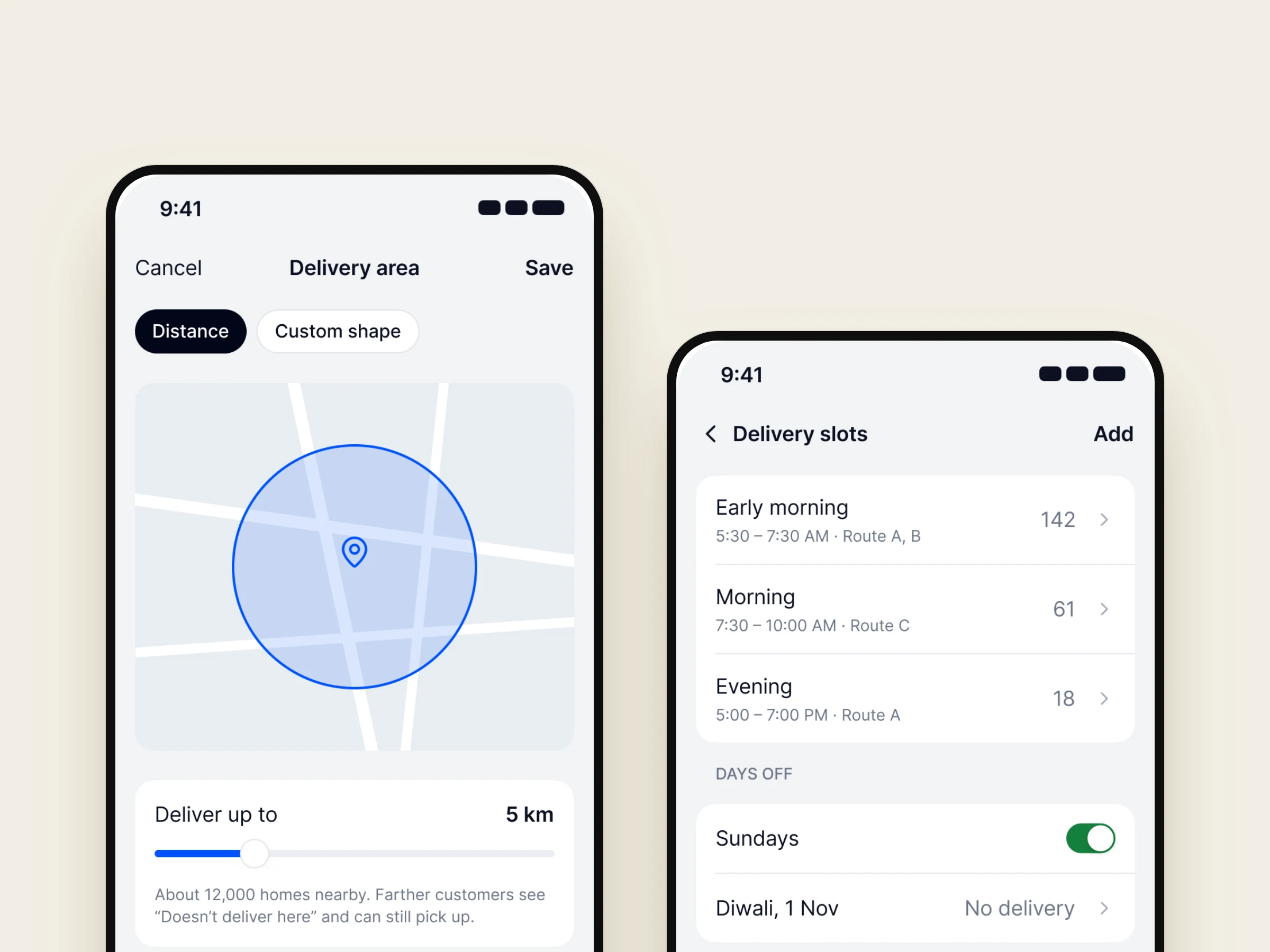 Delivery area and delivery slots in the Nadi app