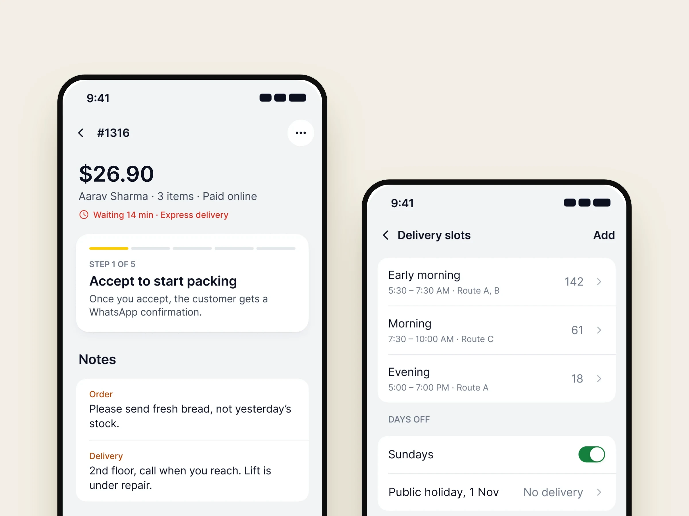 Delivery slots and an order in the Nadi app