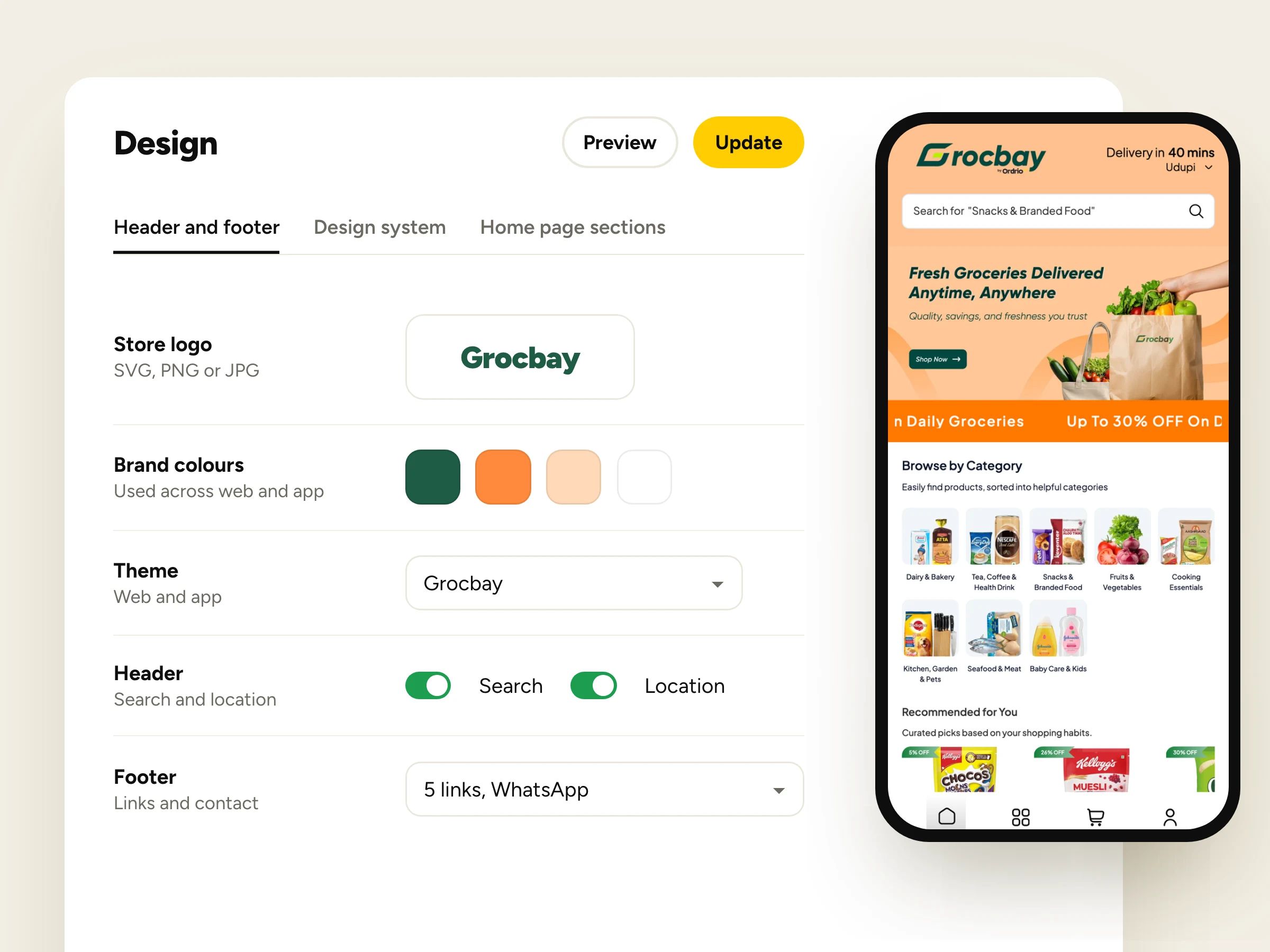 Store design editor with a live store preview