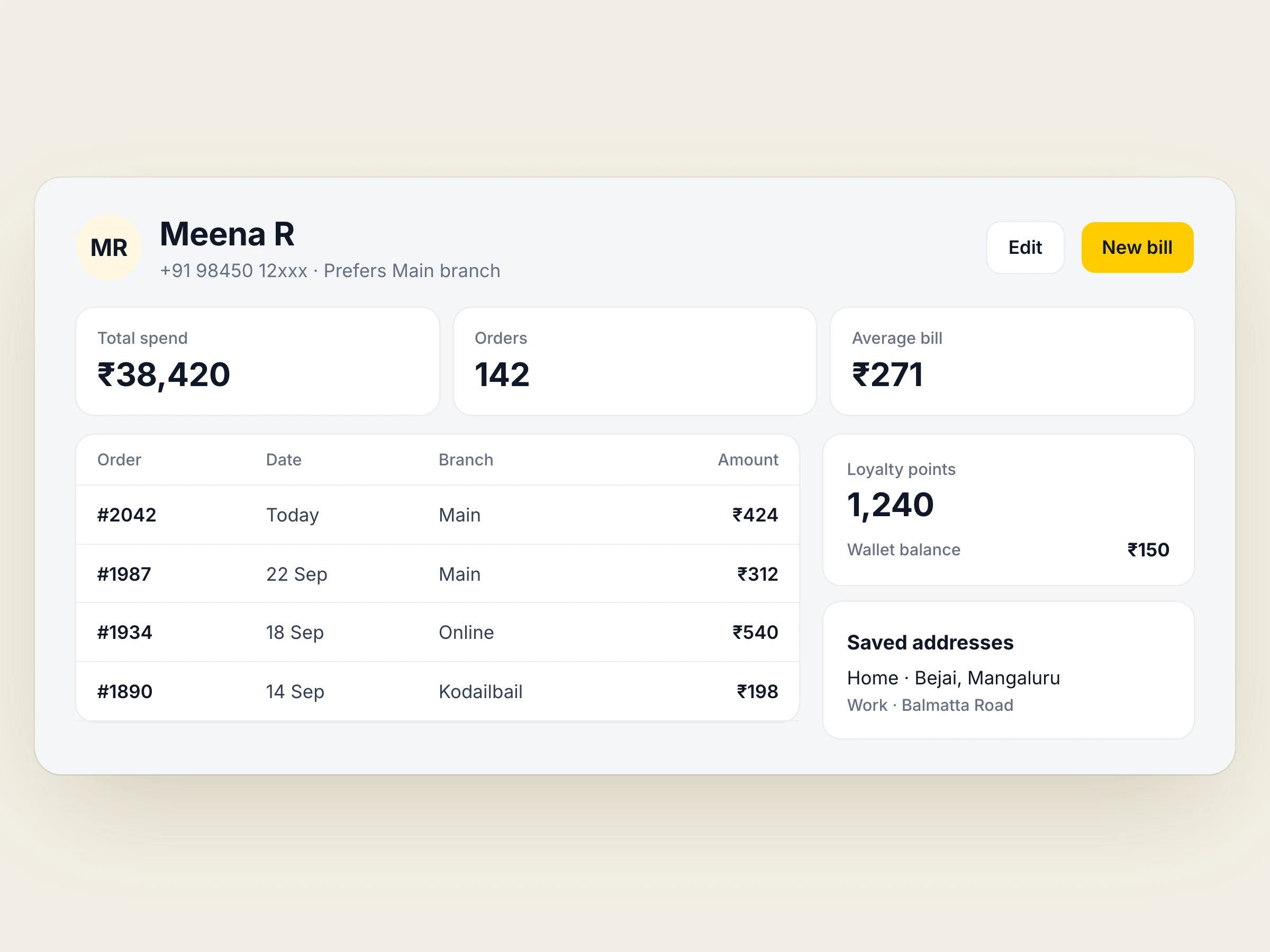 Kadal customer profile with total spend, order history, loyalty points and saved addresses