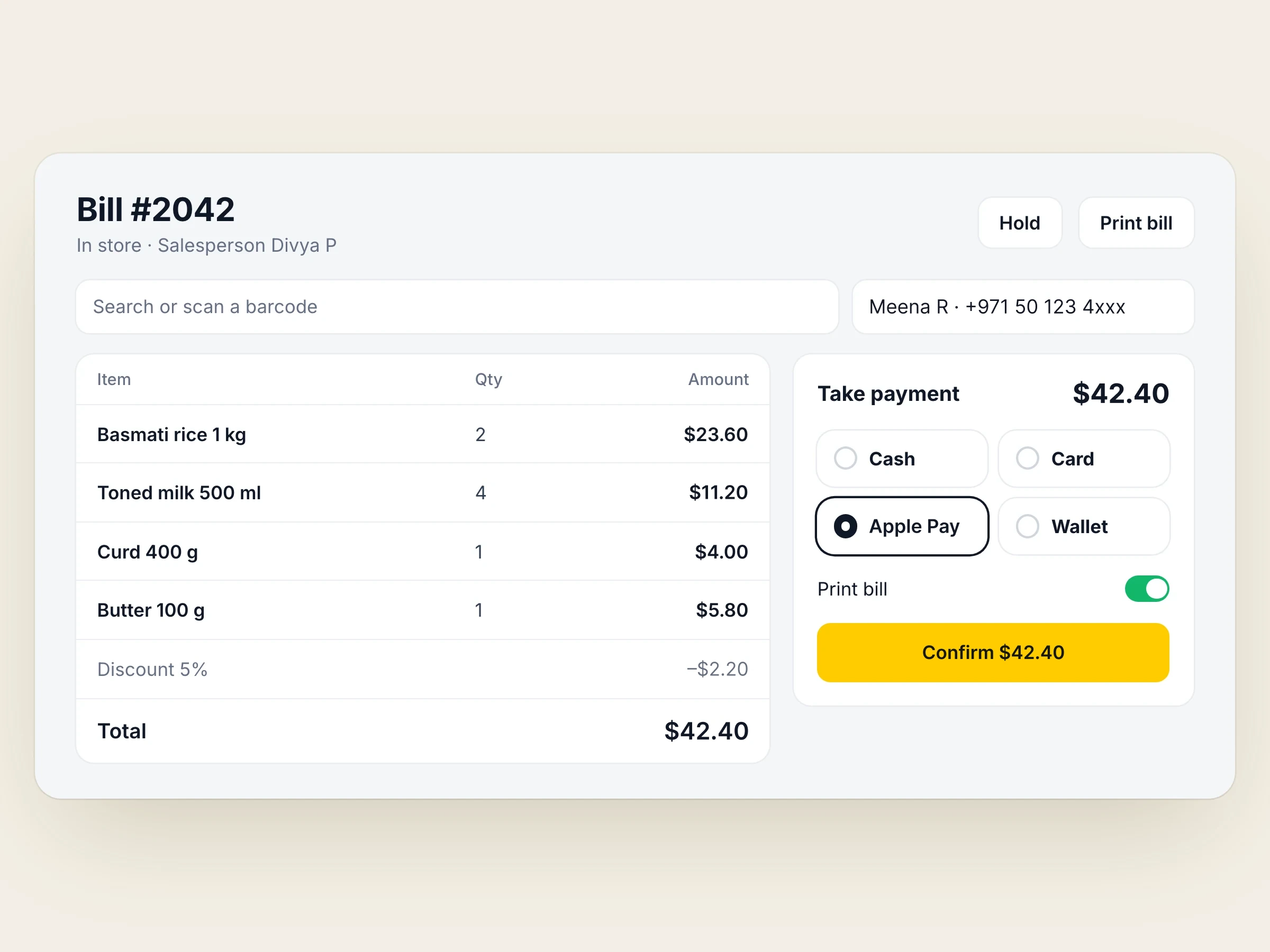 Kadal bill with cash, card and wallet payment