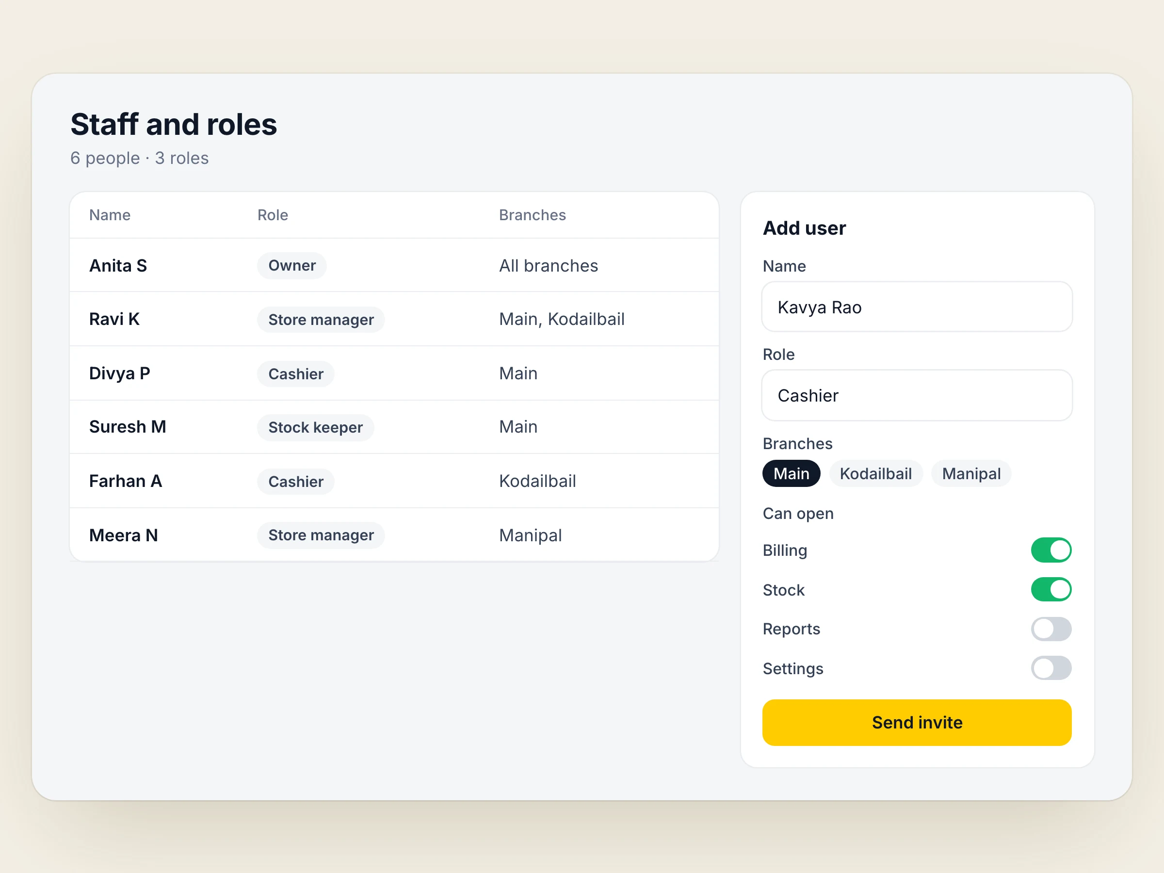 Kadal staff and roles, with a new user being invited