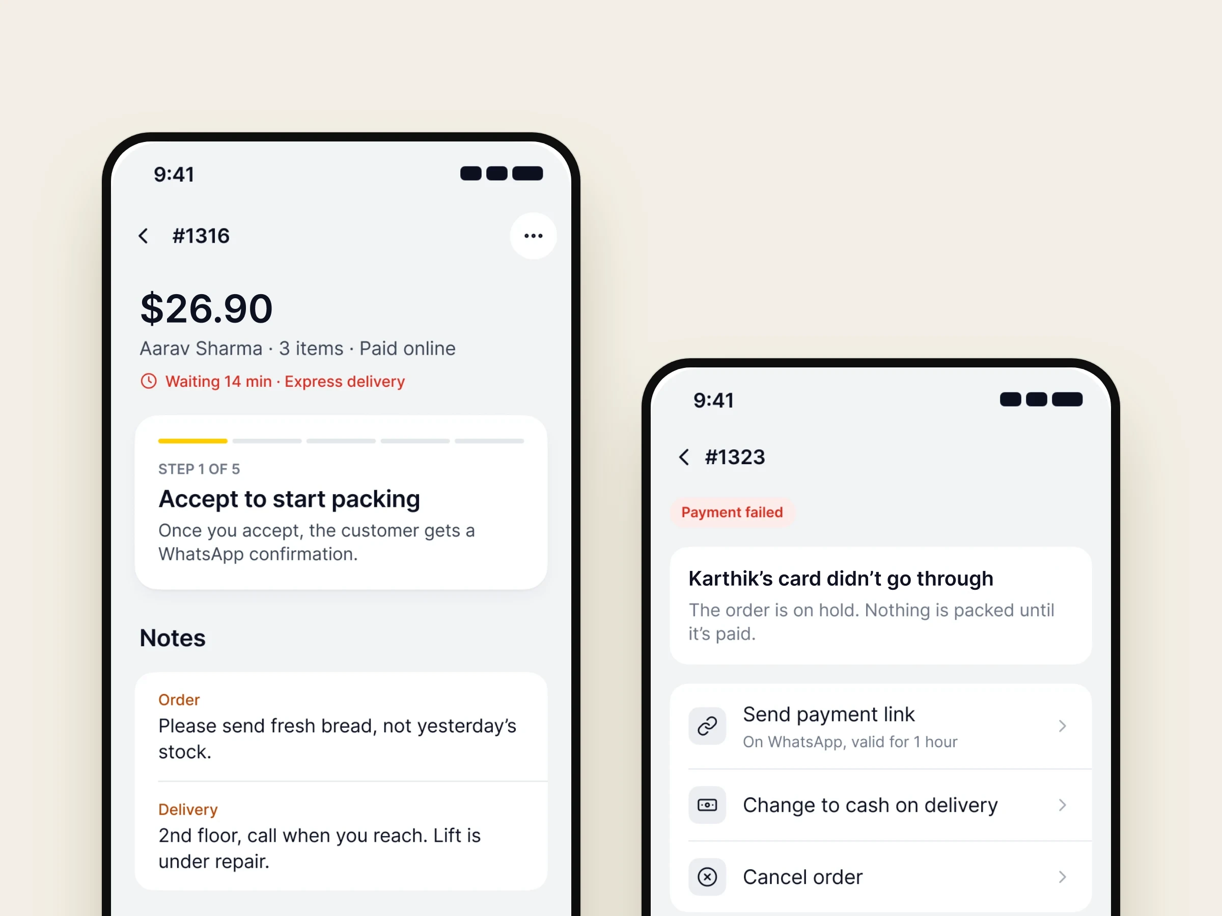 A failed payment in the Nadi app, with a payment link and cash on delivery options