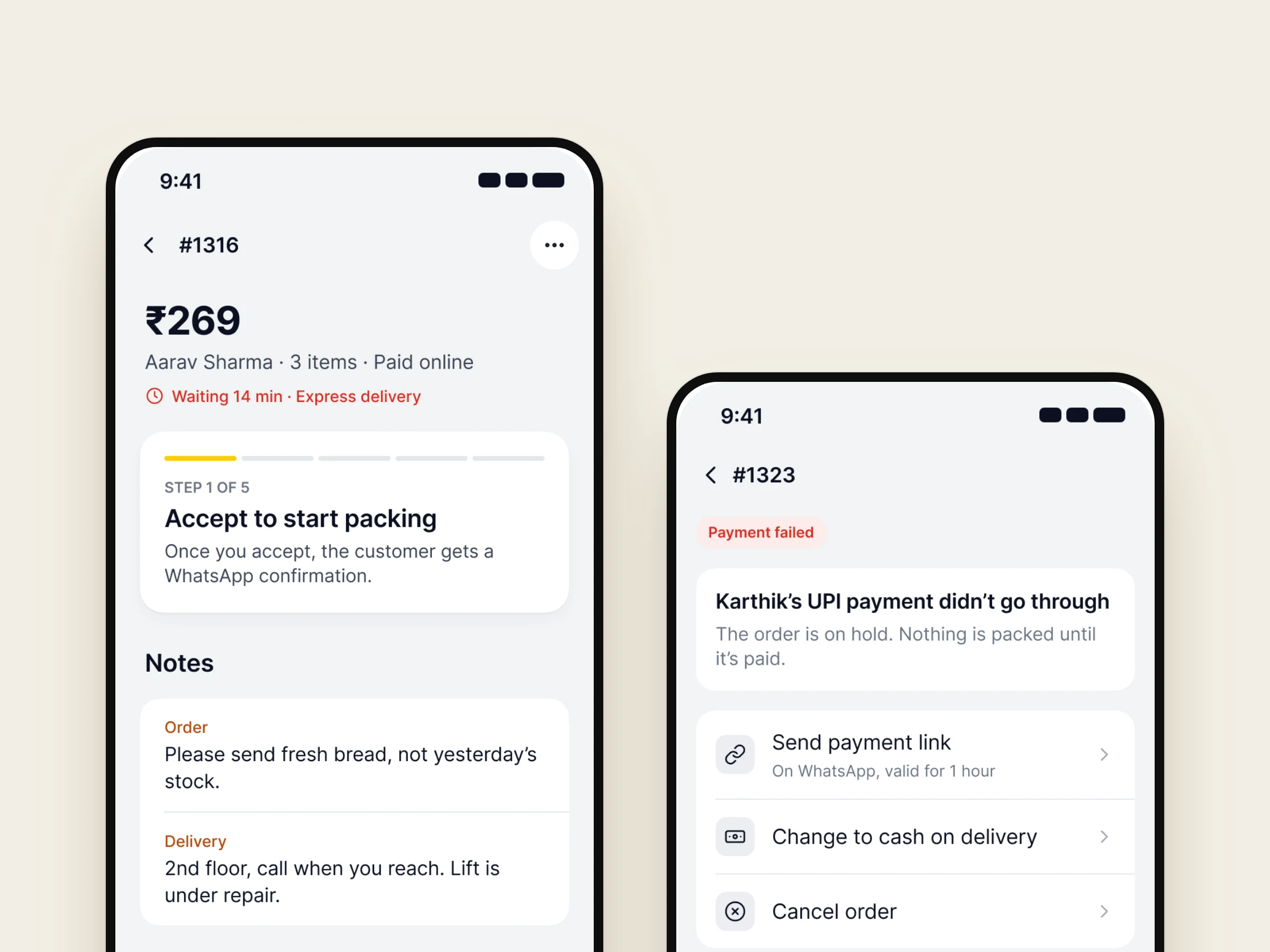 A failed UPI payment in the Nadi app, with a payment link and cash on delivery options