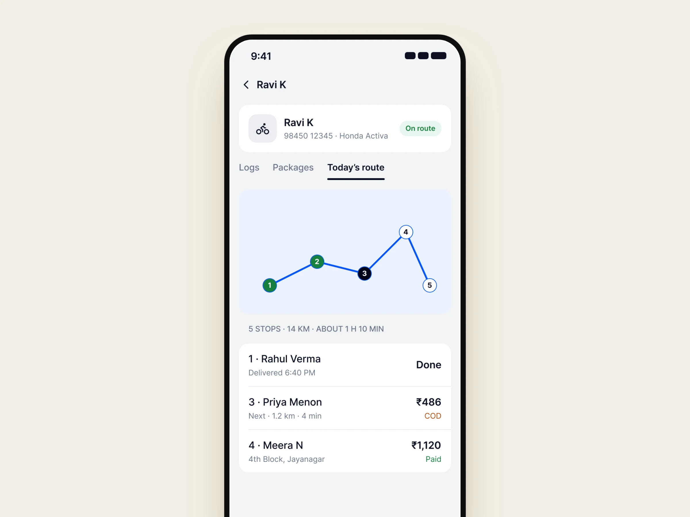 A rider route with each stop and its status in the app