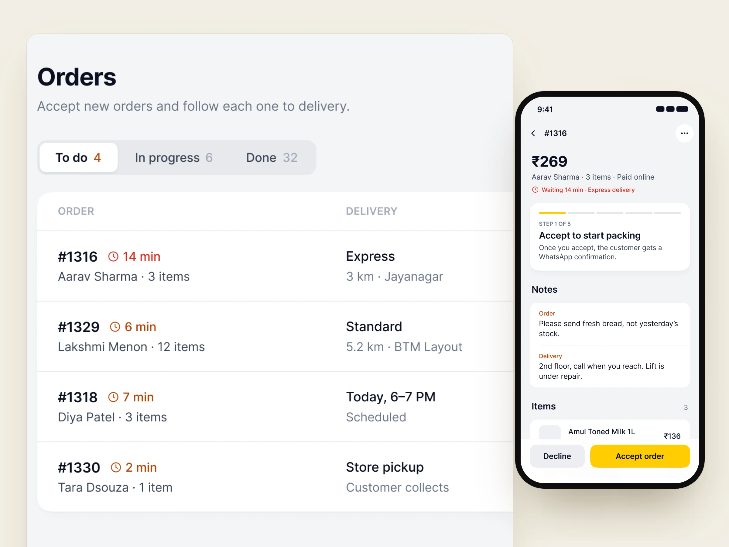 Nadi orders list, with an order open in the app