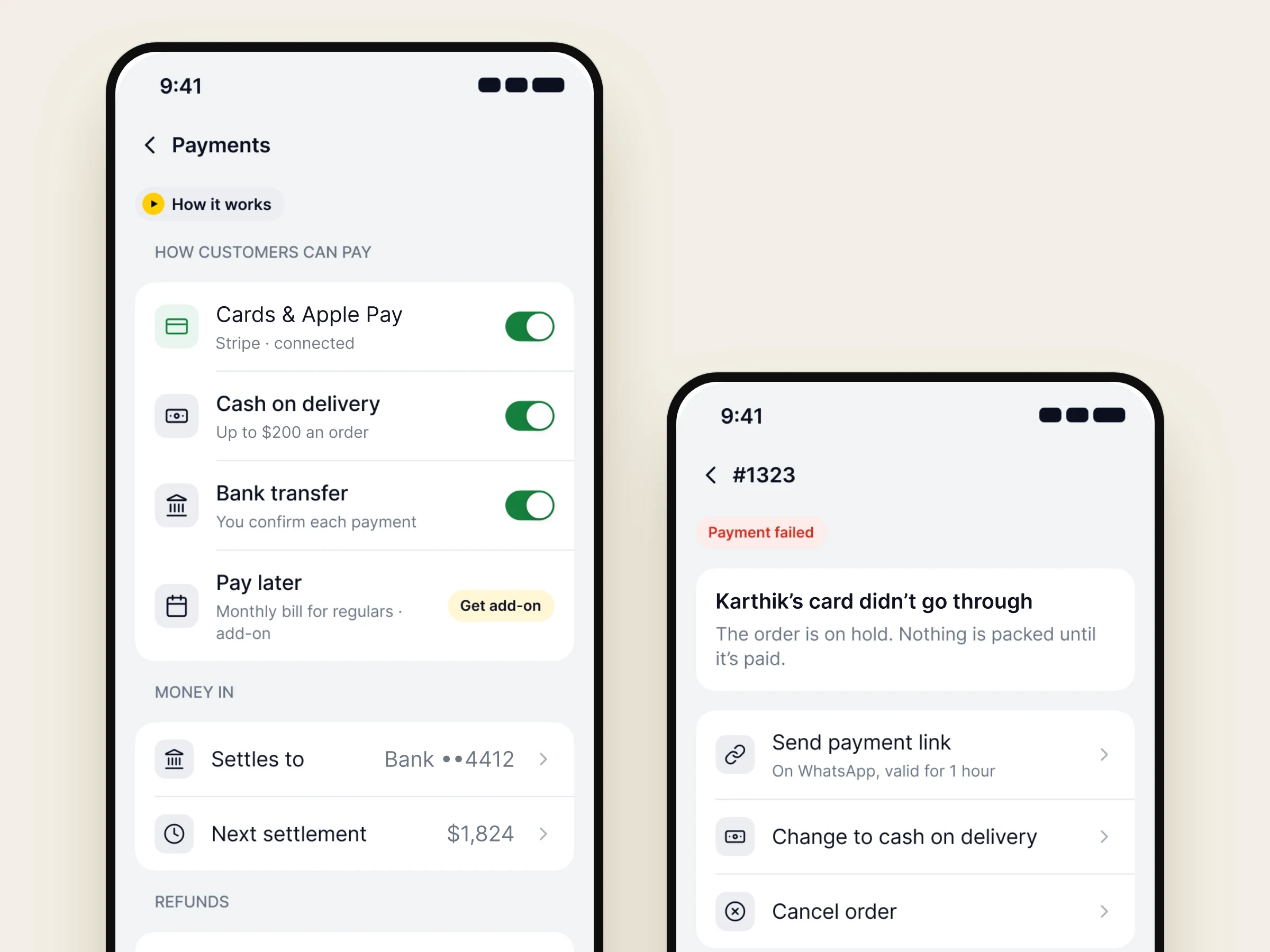 Payment methods and a failed payment in the Nadi app