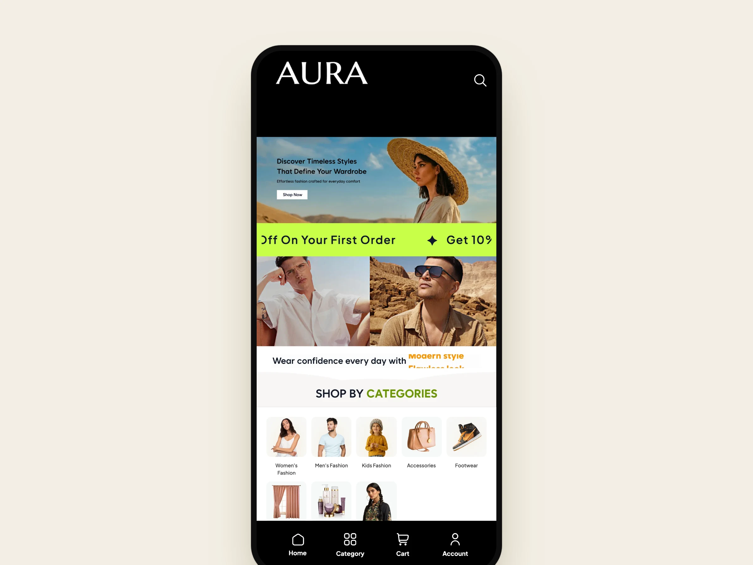 Aura fashion store customer app home screen