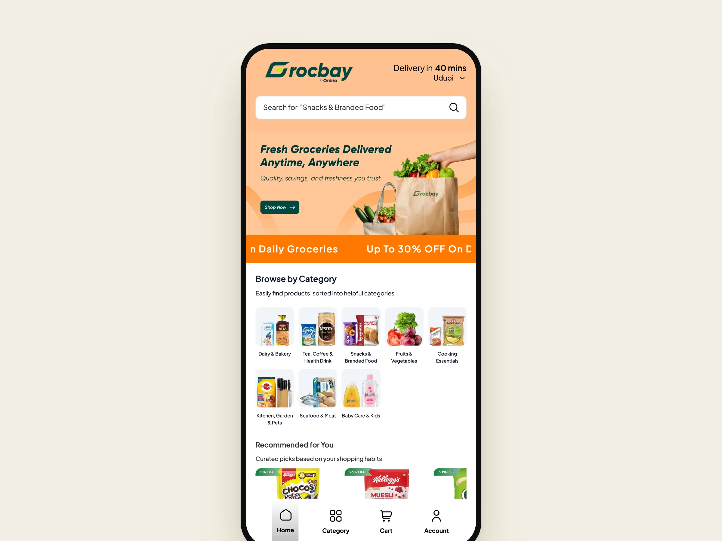 Grocbay customer app home screen with search, offers and grocery categories
