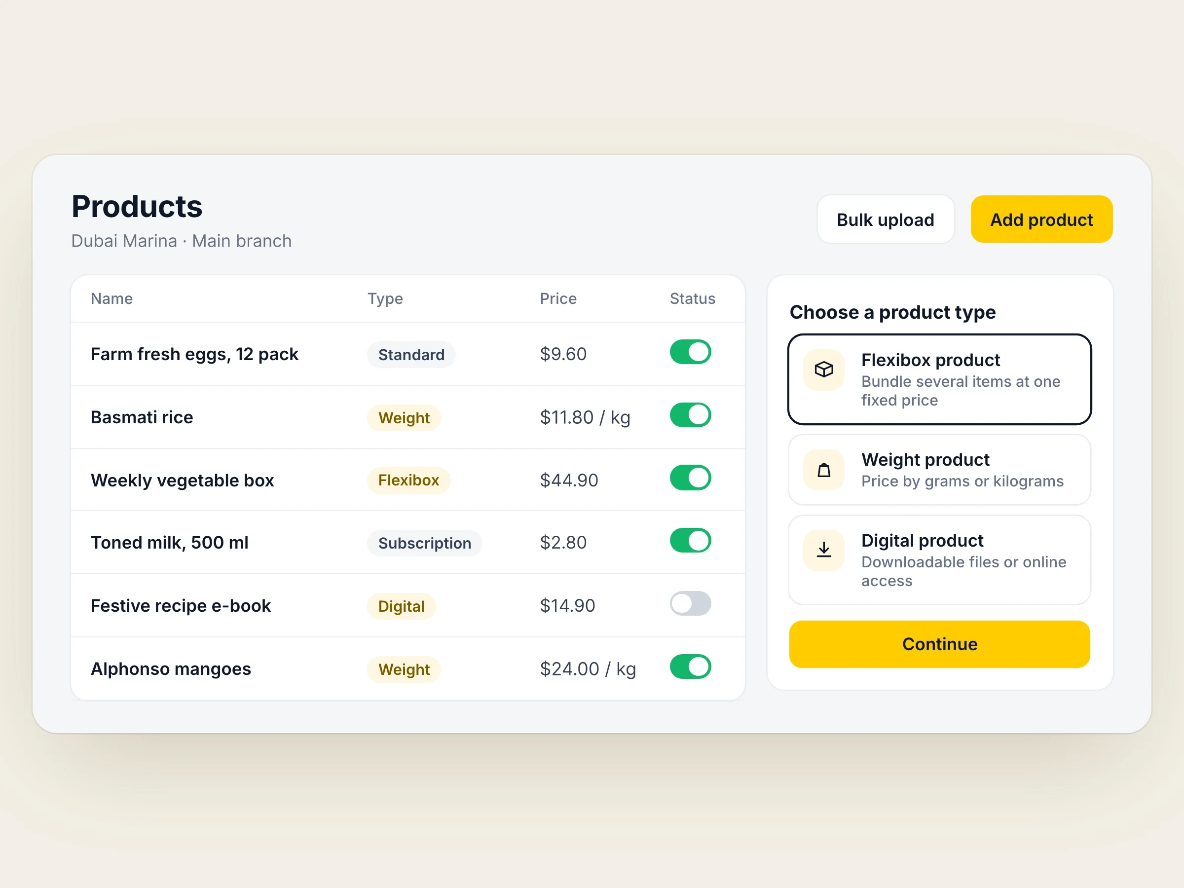 Choosing a product type: Flexibox, weight or digital product