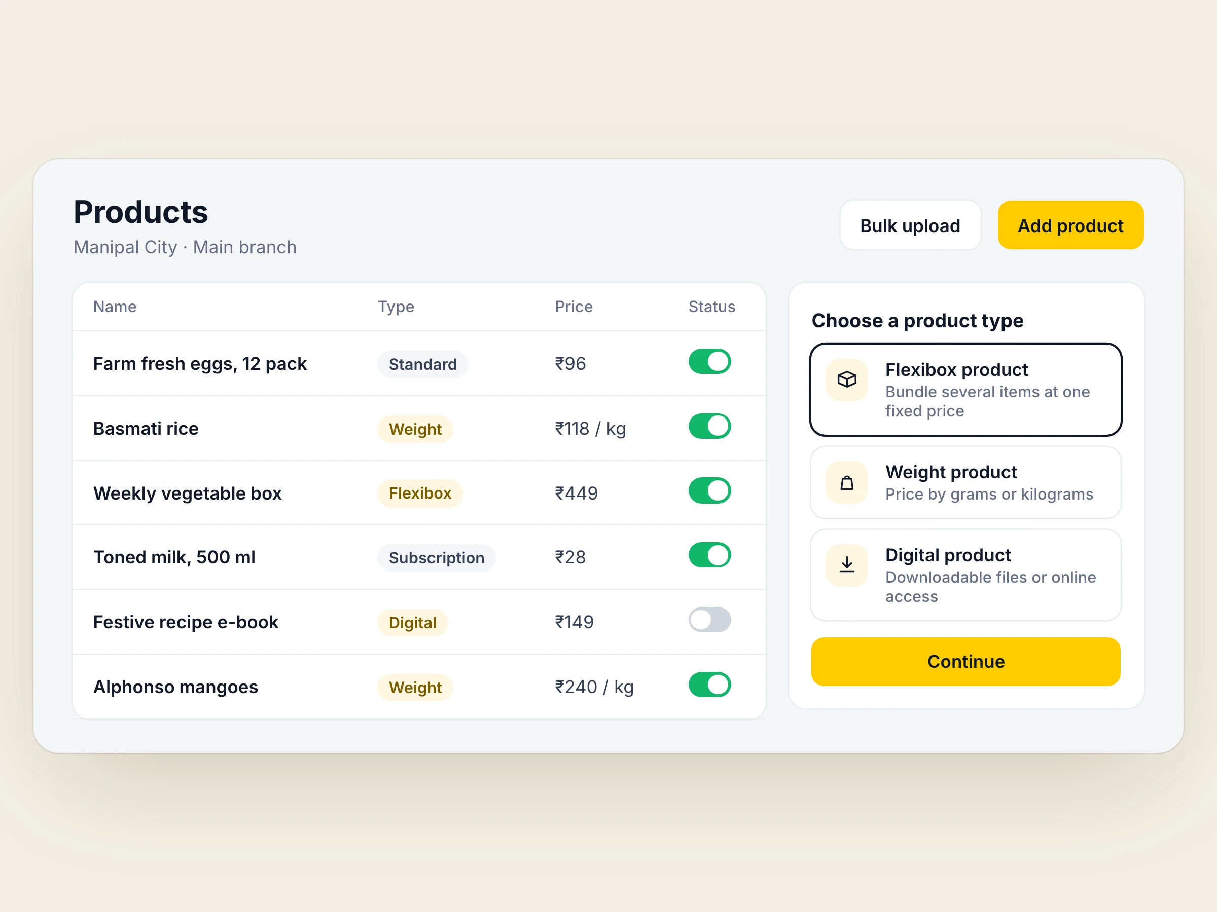 Choosing a product type: Flexibox, weight or digital product