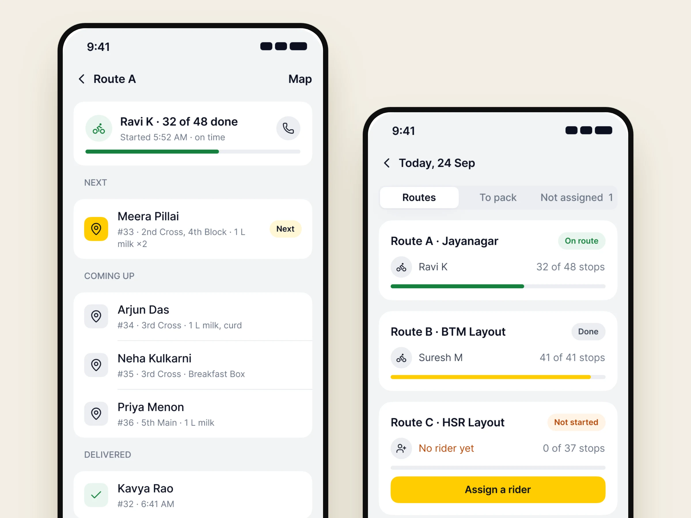 Delivery route and today's subscription deliveries in the Nadi app