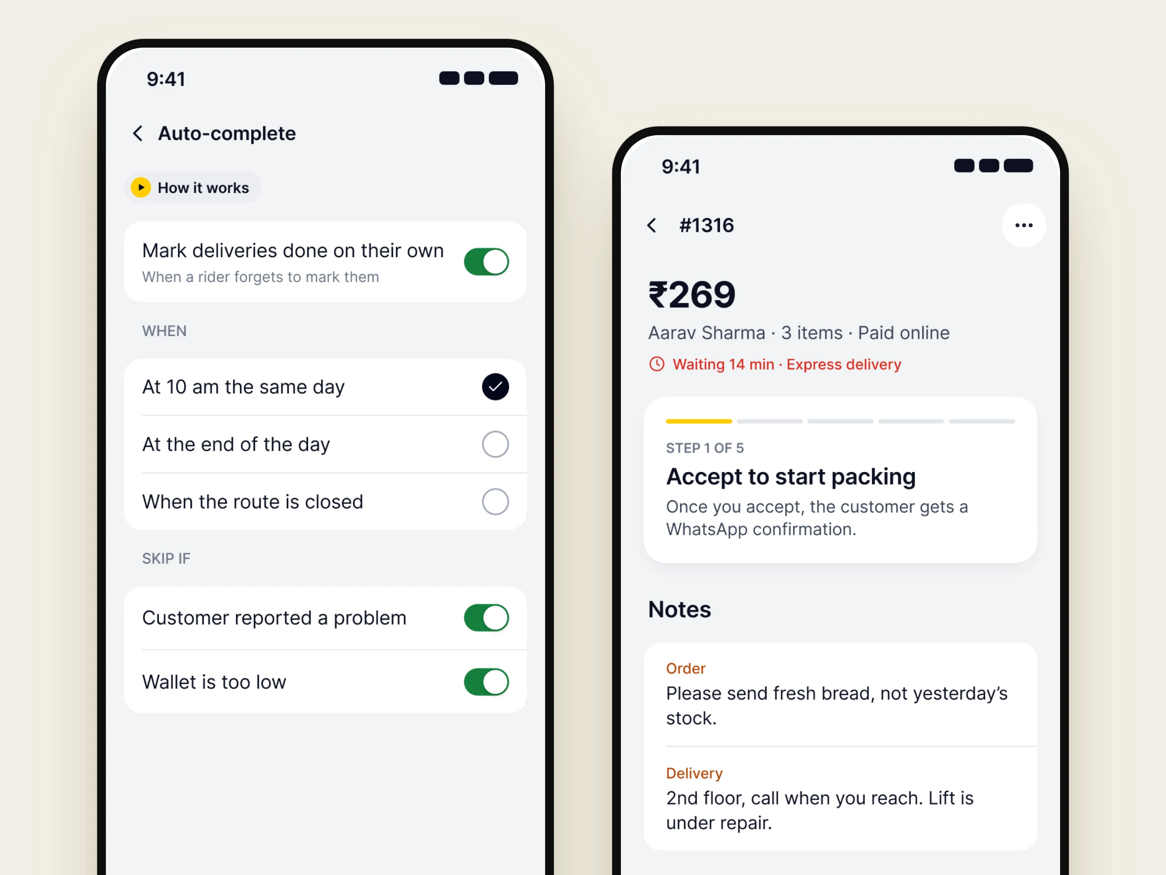 Order rules and an order in the Nadi app