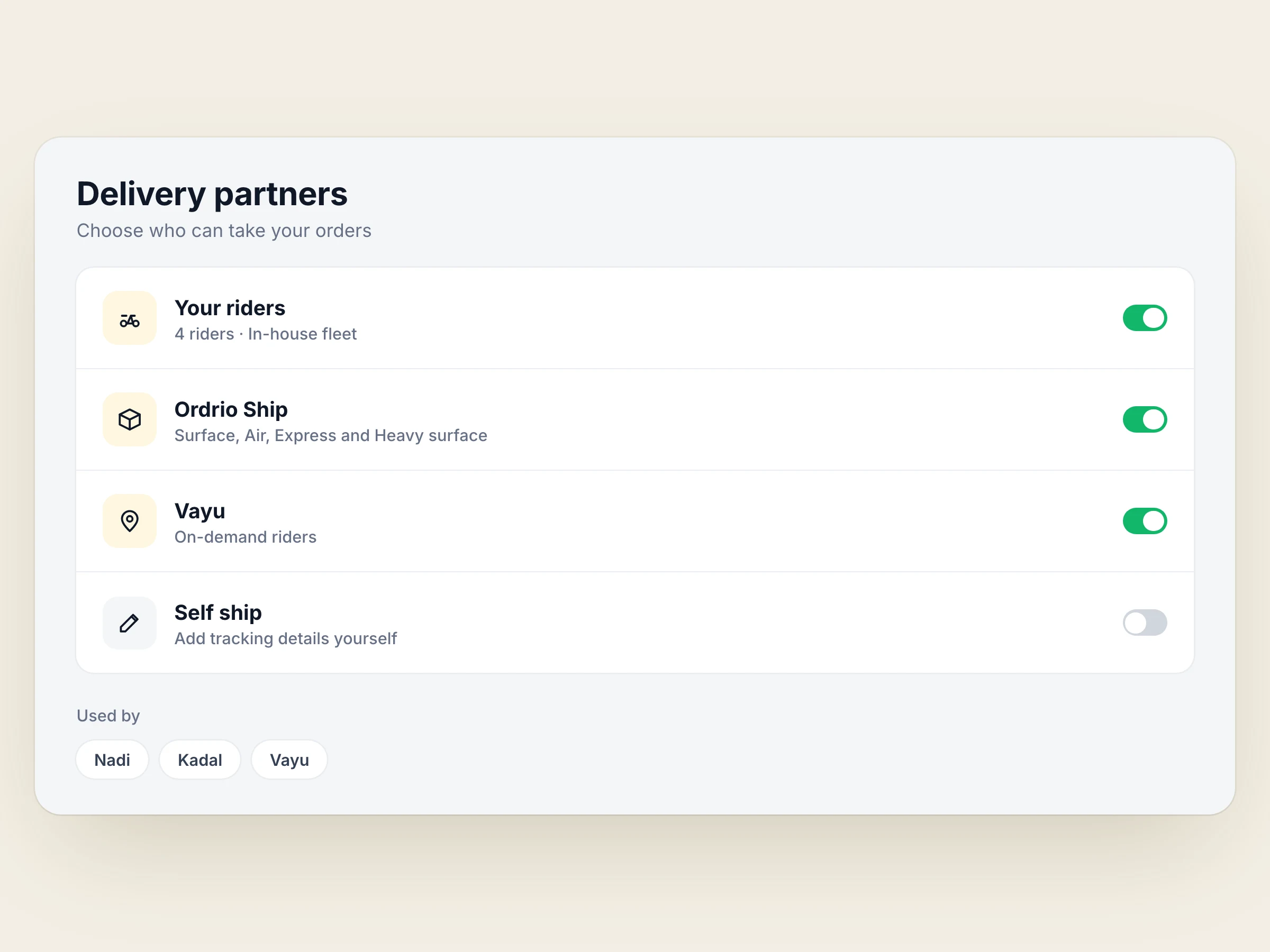 Delivery partners in Ordrio Ship: your riders, Ordrio Ship, Vayu and self ship