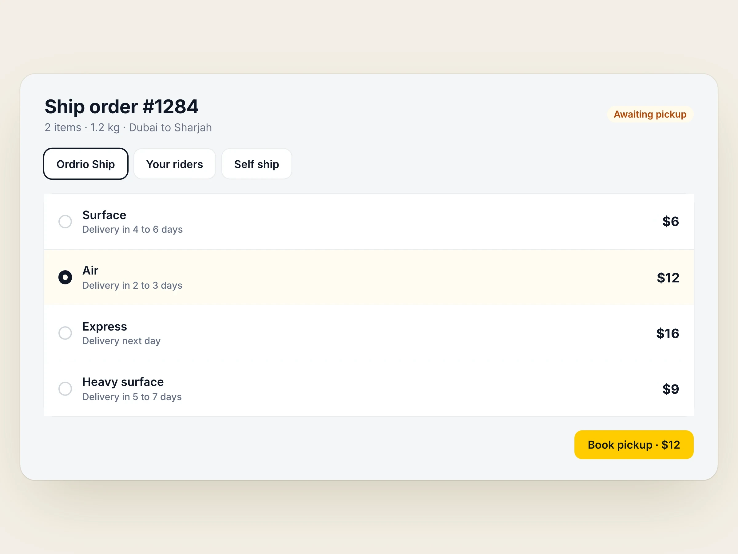 Ordrio Ship rates for an order across delivery speeds