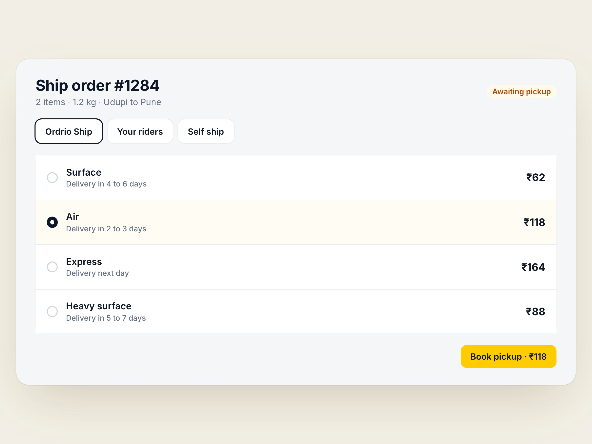 Ordrio Ship rates for an order across delivery speeds