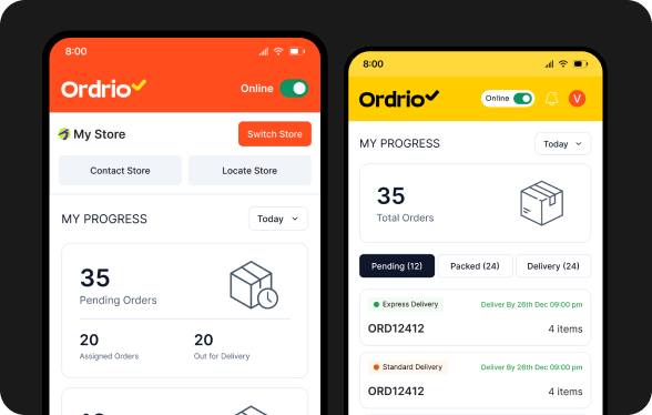 Ordrio delivery app and packing app on two phones, showing pending and packed orders